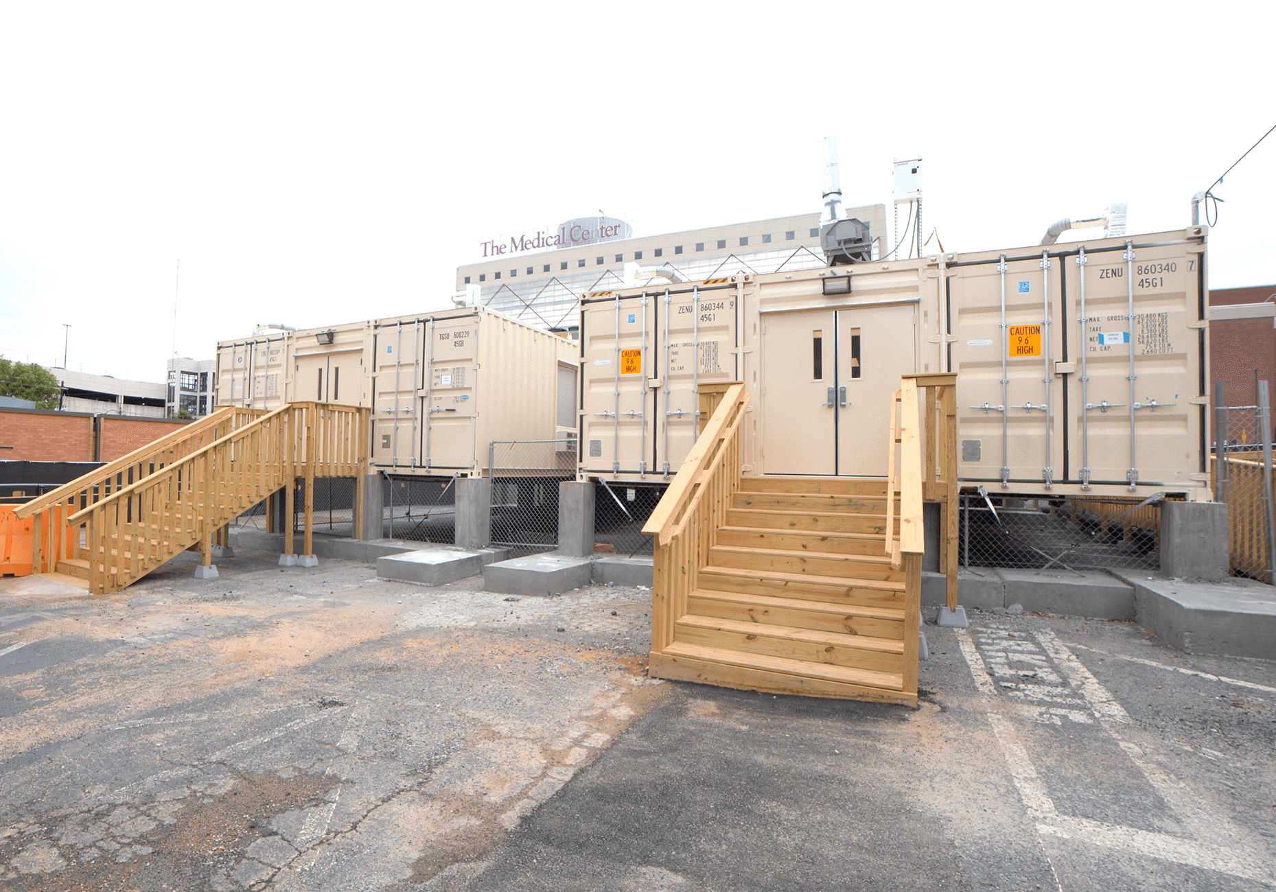 Two portable crisis buildings supplied through MBI members set up outside a medical center