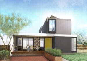 Contemporary modular home with outdoor patio, large windows, and landscaped front yard.