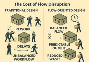 Visual comparing traditional and flow-oriented design with workflow effects see.