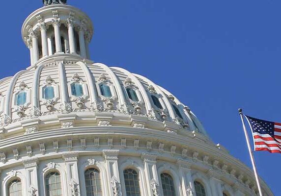 The rounded top of a government building with an American flag in the foreground